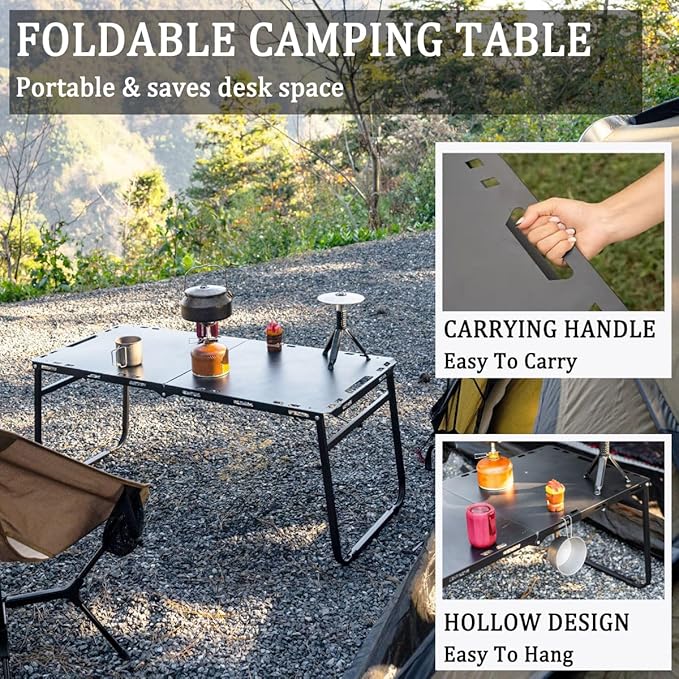 SoloWilder Foldable Camping Table with Gas Struts 3'5 Carbon Steel Large Outdoor Portable Table 11.8lb for Hiking BBQ Picnic