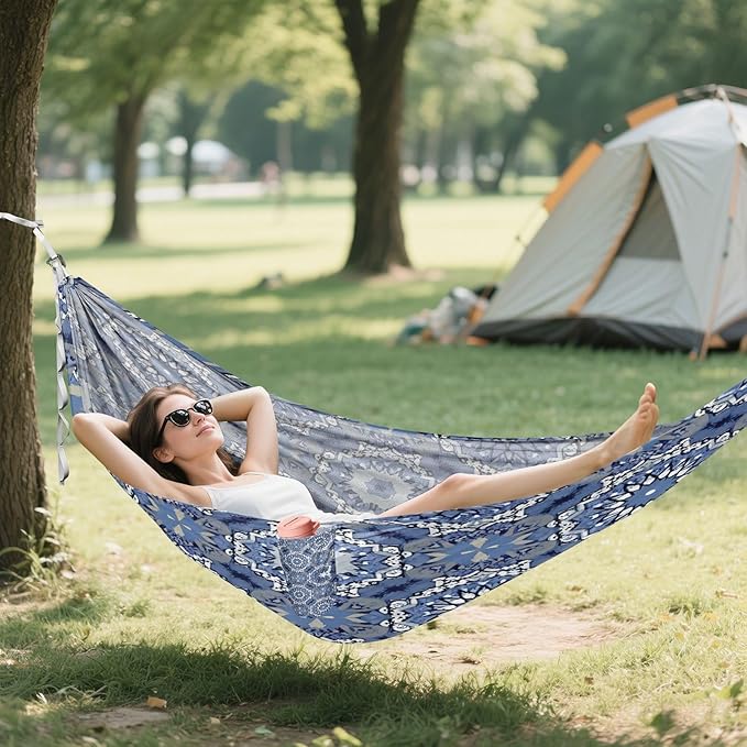 Navy Blue Tile Camping Hammock Portable Hanging Hammock with Tree Straps Up to 330lbs for Travel Outdoor Garden Patio