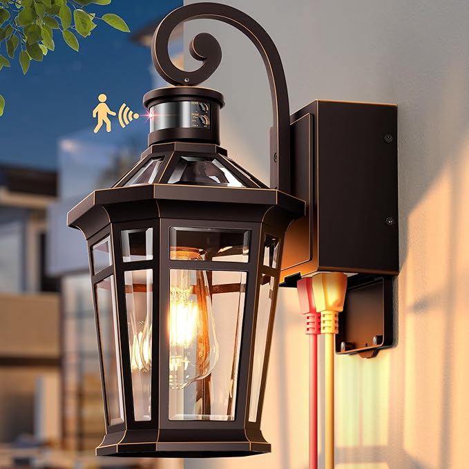 Motion Sensor Porch Light with GFCI Outlet Oil Rubbed Bronze Outdoor Light Fixture with Outlet Anti-Rust Exterior Wall Light Lantern Waterproof Outdoor Sconces Wall Lighting for Garage Home