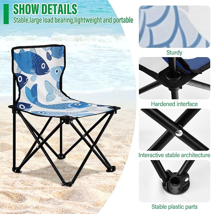 Blue Fish Portable Camping Chairs Folding Chair - Durable Oxford Fabric Lightweight Iron Frame Easy Fold Design - Ideal for Outdoor Activities Camping Fishing and Travel