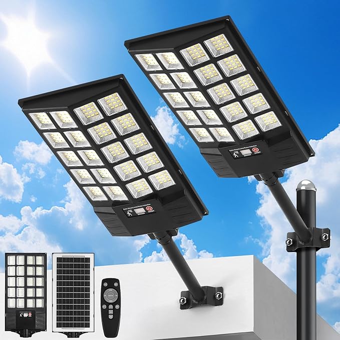 Solar Flood Lights Outdoor Waterproof Motion Sensor Street Light with Remote Control Dusk to Dawn Security Lighting for Commercial Parking Lot Yard (4 Pack)