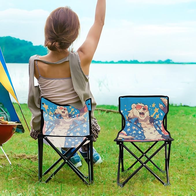 KLL Cartoon Cool Spectacled Bear Patriotic Color Collapsible Foldable Chairs Indoor Ultralight Beach Chair Backpack Includes Carry Bag Hiking Chair for Outside Lawn