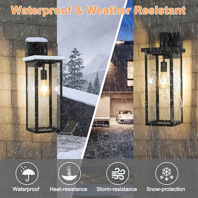 tewei 2 Pack Dusk to Dawn Large Outdoor Wall Lantern 20 Inch Black Exterior Wall Light Fixtures Large Porch Light with Clear Shade Sensor Modern Outdoor Sconce Lights for House Garage E26 Base