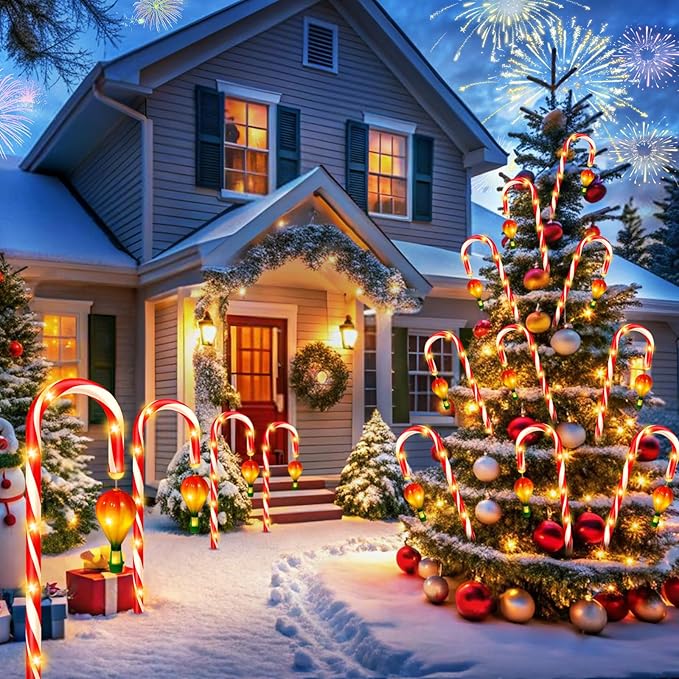 12 Pack Outdoor Solar Christmas Decorations 180 Bright LED Solar Candy Cane Christmas Lights 8 Lighting Modes Waterproof Outside Xmas Decorations with Lantern Decor Lights for Pathway Yard Garden