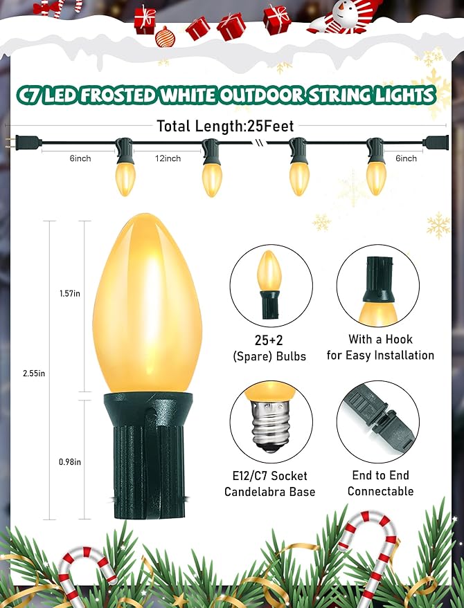C7 LED Christmas Lights 25Ft Vintage C7 Christmas Lights with 27 LED Frosted White Bulbs Hanging Connectable Xmas String Light for Patio Garden Holiday Home Xmas Decor