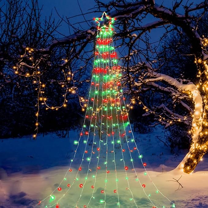 Outdoor Christmas Lights Christmas Decoration Lights 320 LED Christmas Tree Toppers String Lights[8 Modes &amp Waterproof] for Halloween Xmas New Year Holiday(Iron Star-Red &amp Green)
