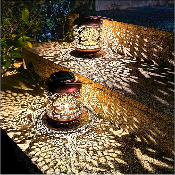 2 Pack Tree of Life Outdoor Solar Hanging Lanterns Waterproof LED Solar Lights Metal Decorative Lantern for Garden Patio Courtyard Backyard Yard Decor Unique Tree of Life Gifts for Women Gardening