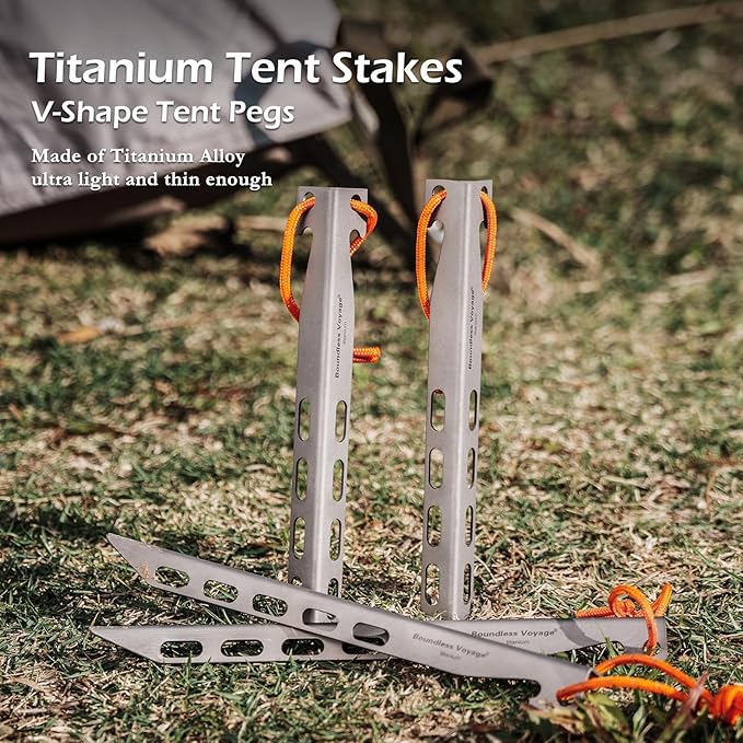 Boundless Voyage Titanium Tent Stakes 20cm/7.8 in. V-Shape Tent Pegs Nails (8-Pack) Outdoor Camping Ultralight Awning Canopy Accessories