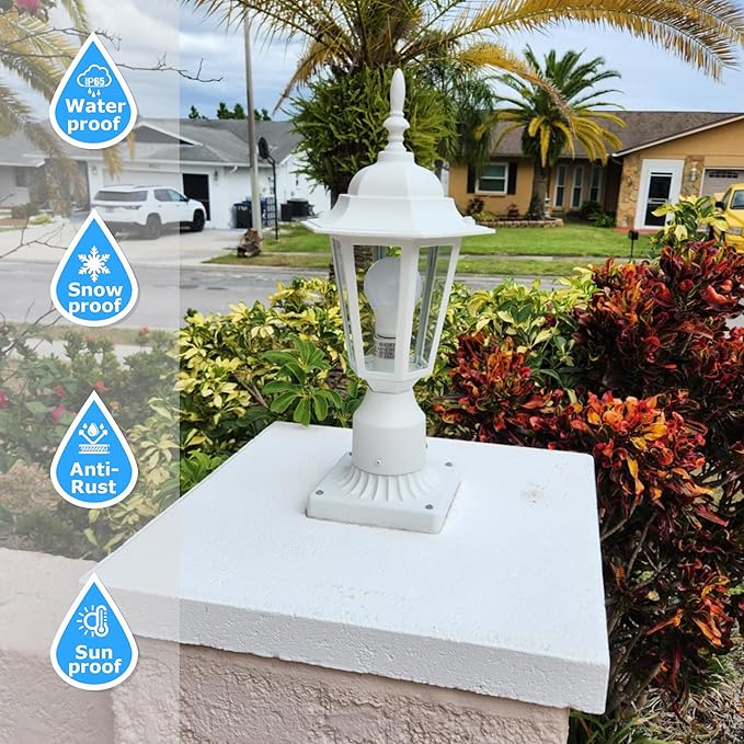 LIT-PaTH 16 Inch Outdoor Lamp Post Light Fixture Exterior Pole Lantern with Clear Glass Hardwired Aluminum Post Lighting for Driveway Garden Yard White 2-Pack