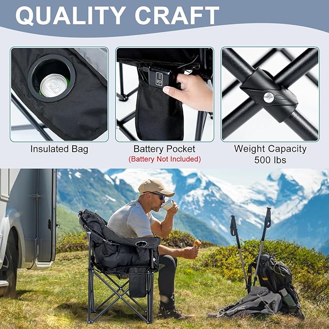 ABORON Oversized Heated Armrest Camping Chair Portable Heated Folding Recliner Chair with 3 Heat Settings Fully Padded Heavy Duty Chair Supports Up to 400 lbs Perfect for Outdoor Adventures