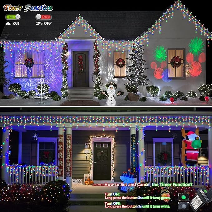 QITONG Multicolor Icicle Lights for Outside 33ft 400 LED String Lights Indoor Clear Wire Connectable Icicle Christmas Lights Plug in with 8 Modes