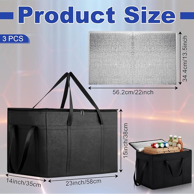 3 Pack Large Insulated Food Delivery Bag with hard bottom XXXL Large Reusable Thermal Cooler Grocery Tote Bag Thermal Cold/Hot Styrofoam Carrier for Shopping/Travel Black