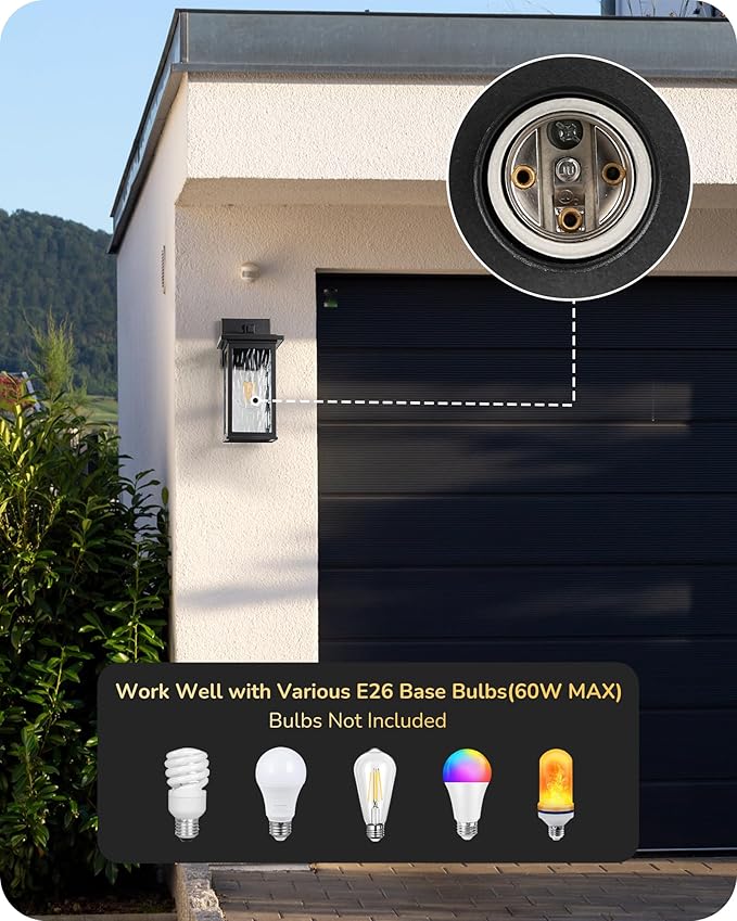 EDISHINE 2 Pack Outdoor Wall Light Dusk to Dawn Exterior Light Fixture Modern Porch Light Wall Mount Sconce Clear Water Ripple Glass Black Metal Outside Wall Lantern for Front Door Garage Patio