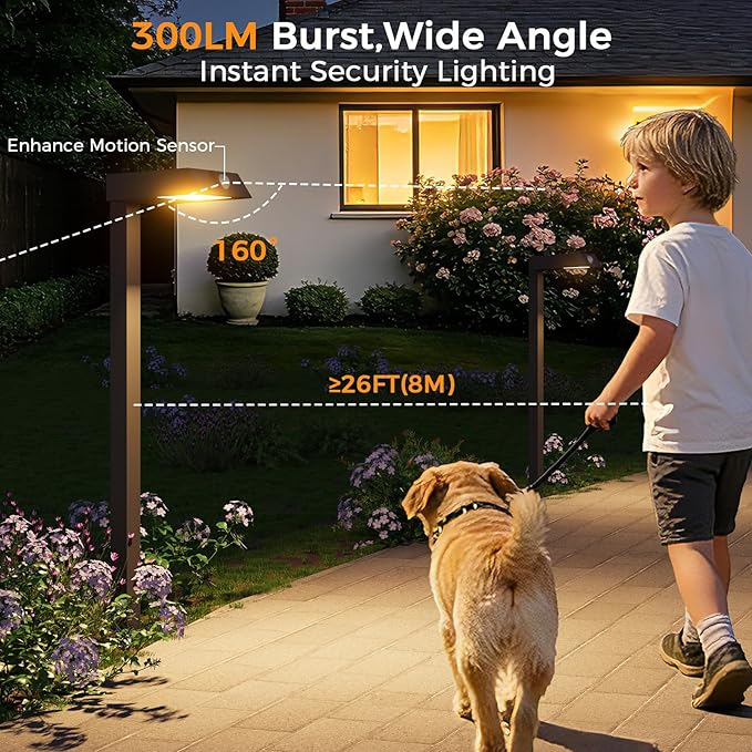 XMCOSY+ Solar Pathway Lights 4 Pack All-Metal Motion Sensor Outdoor Lights Waterproof 300LM Bright Garden Light for Yard Backyard Driveway Walkway 3 Lighting Modes (Warm/Cool White)