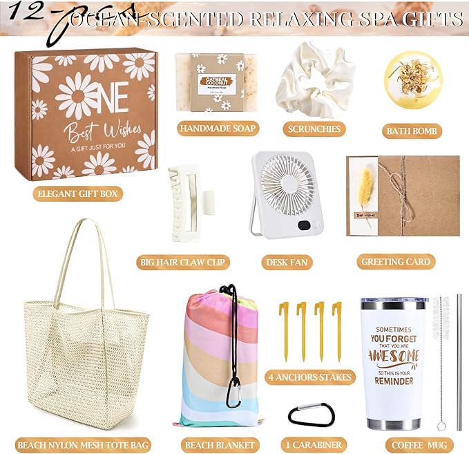 Beferr Valentines Day Beach Gifts Basket for Women 79 X 83 Beach Blanket Waterproof Sandproof Beach Mesh Tote Bags Birthday Valentine's Day Gift Baskets for Her Wife Mom Sister Grandma Friend