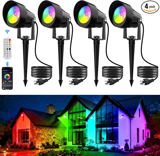 RGB Color Changing Spotlights Outdoor LED Landscape Lighting with Remote/APP Control Music Sync &amp Timing Mode IP65 Waterproof Outdoor for Yard Garden Pathway Christmas Halloween 4 Pack