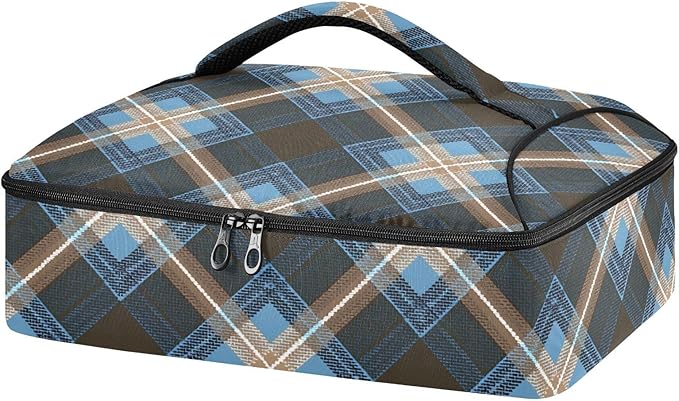 Casserole Carrier Blue Brown Tartan Plaid Insulated Casserole Carrier for Hot or Cold Food Thermal Lunch Tote for Parties Picnic Travel Carry Bag