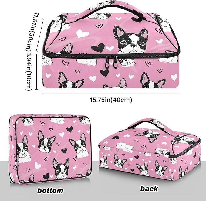 Casserole Carrier Pink Dog White HeartsInsulated Casserole Carrier for Hot or Cold Food Thermal Lunch Tote for Potluck Parties Picnic Beach Fits 9 x 13 Inches Baking Dish