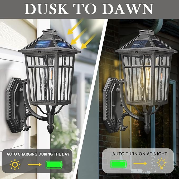 Darkaway Solar Outdoor Wall Lights Dusk to Dawn Outside Wall Sconce Lighting with Remote Black Exterior Light Fixture for House Porch Yard Hallway Doorway Garage