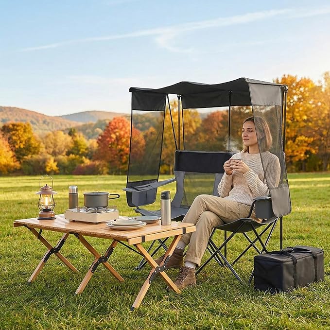 Double Camping Chair with Canopy Shade 660lbs Folding Beach Loveseat with Padded Seat and Cup Holders 4-Zone Heated Outdoor Chair for Beach Camp Use 5v/3a Power Bank(Black and Grey)