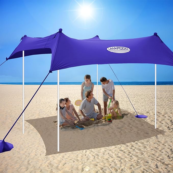 UMARDOO Family Beach Tent Canopy Sun Shade Portable 10×10FT Large Wind Resistance Beach Sun Shelter Easy Setup with Packable Carry Bag for Outdoor Travel UPF 50+(Purple)