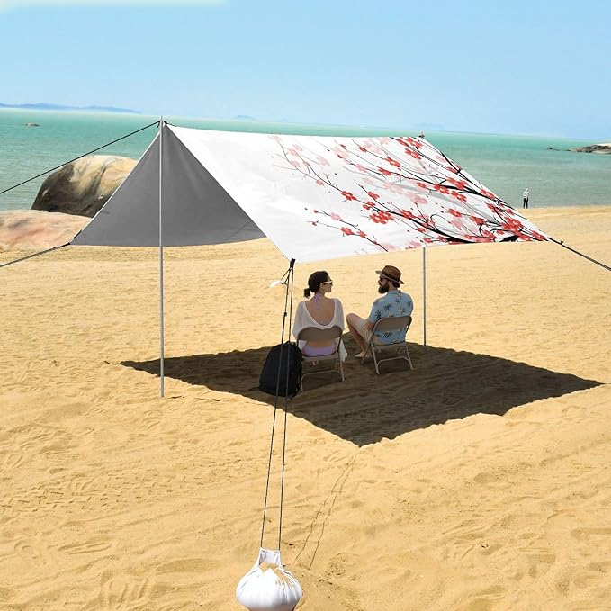 ALAZA Red Cherry Blossom Flowers Floral Beach Tent Sun Shelter UPF50+ Protection Beach Shade Canopy w/ 4 Sandbags for Outdoor Camping Fishing Backyard Fun Picnic 10x9 ft