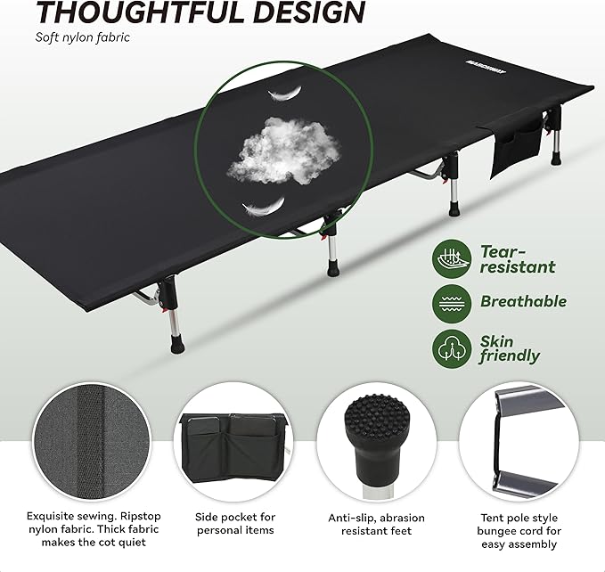 MARCHWAY Lightweight Folding Tent Camping Cot Bed with Lever Lock Easy Setup Portable Compact for Outdoor Travel Hunting Hiking Motorcycling Support 330Lbs (Black)