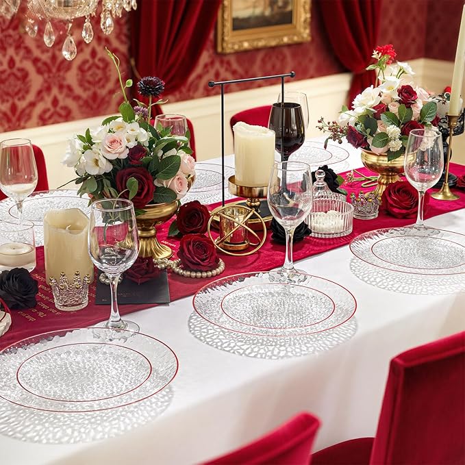 Rubtlamp 60Pcs Red Plastic Plates Clear Plastic Plates With Red Rim Heavy Duty Disposable Plates for Party Fancy Hammered Plates Include 30 Red Dinner Plates 30 Clear Cake Plates