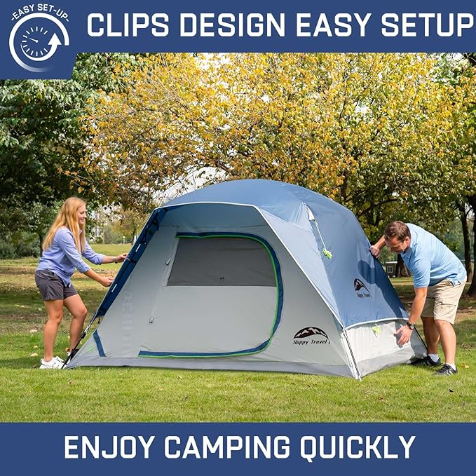 Happy Travel Camping Tent 4/6 Person Dome Tents for Camping with Rainfly Waterproof Clip Easy Setup Portable Family Tent with Mesh Windows 20% More Headroom Backpacking Tents for Camping &amp Hiki