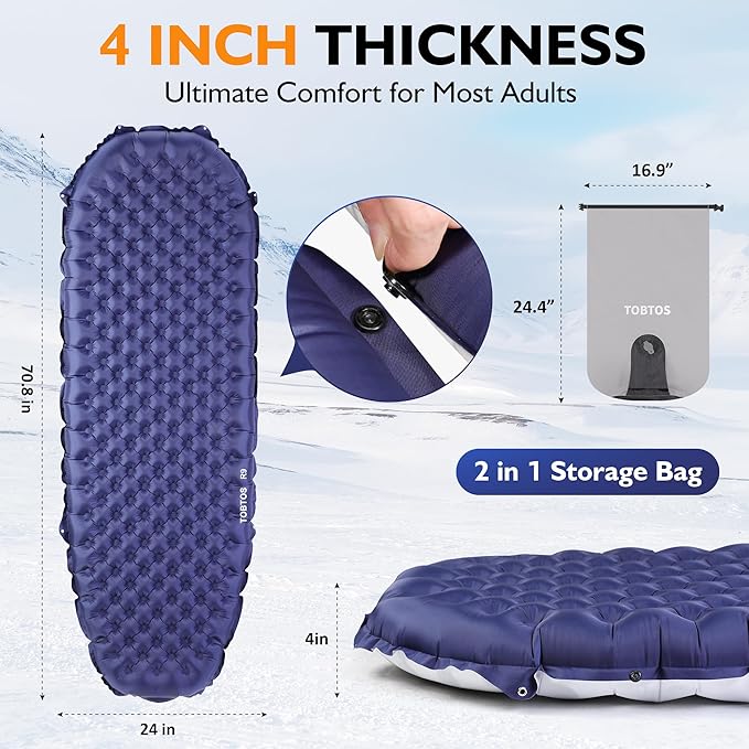 TOBTOS Camping Sleeping Pad with 9.0 R-Value 4 Thick Inflatable Camping Mattress for All Season Compact Insulated Sleeping Mat for Backpacking &amp Hiking (Mummy)
