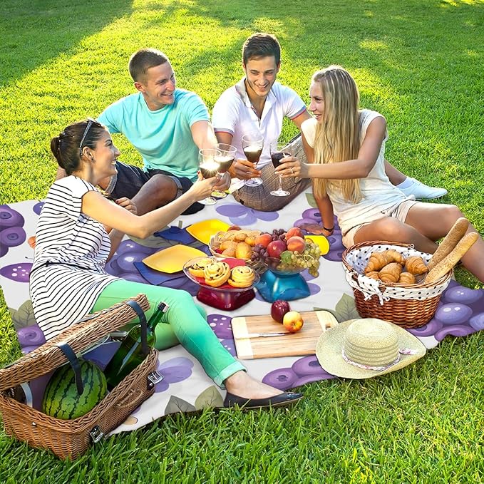 Waterproof Sandproof Beach Blanket 59''×68'' Fruit Blueberries Polyester Outdoor Picnic Blanket with 4 Stakes &amp Storage Bag for BeachCampingVacation White