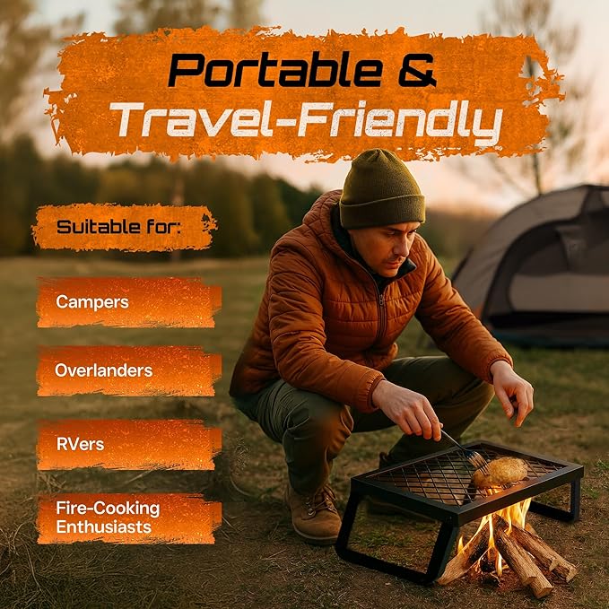 Folding Campfire Grill – Portable Over-Fire Grill with Food-Safe Coating Heavy Duty Steel Compact with Folding Legs - Camping RV Overlanding Fire Pits