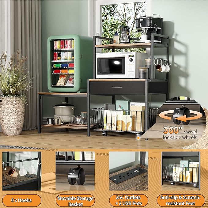 Bakers Rack with Mini Fridge Stand &amp Microwave Shelf – Coffee Bar with Drawer Rolling Basket Storage &amp Hooks – Heavy Duty Kitchen Organizer for Apartments Dorms &amp Living Rooms Brown