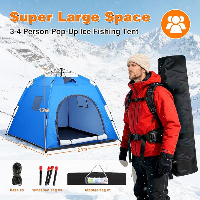 Pop-up Camping Tent Winter Insulated Tent Windproof and Snowproof 4 Season Tents for Camping Ice Fishing Parties Adventure and Hiking Portable 4-6 Person TentBlue
