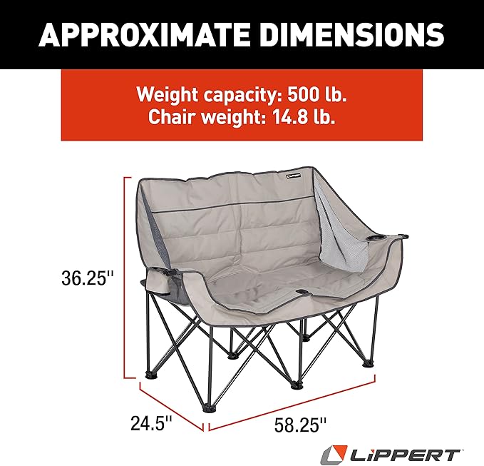Lippert Campfire Folding Loveseat with 500-lb. Weight Capacity Carry Bag Durable Mesh Fabrics High-Loft Cushioning Storage Pocket Dual Cupholders Stemmed Wine Glass Holder (Sand) - 2021000205
