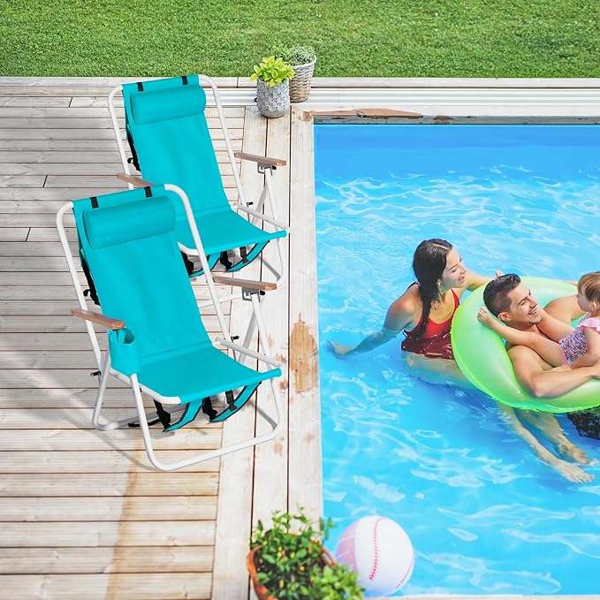 Outvita Folding Beach Chair Adjustable Headrest w/4 Flexible Tilt Angle Cup Holder Portable High Strength Cleanable Fabric for Sand Camping Lawn Concert Travel Festival