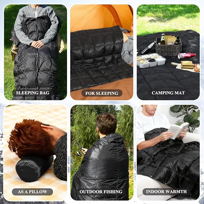 MOOX Down Camping Blanket Packable Backpacking Camping Quilt Outdoor Lightweight Warm Water Resistant Puffy Sleeping Bag Travel Hiking 55x79 Waterproof Camp Throw Blanket Black