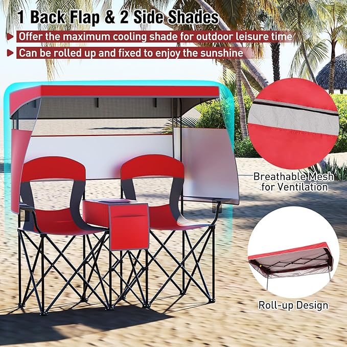 S AFSTAR Camping Chair with Canopy 2-Person Folding Beach Chair with Cup Holders 3-Side Shading Curtains &amp Cooler Bag Foldable Loveseat Lawn Chair for Camping Outdoor &amp Fishing (Red)