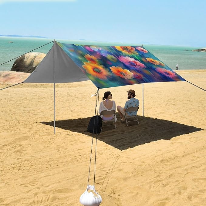 Colorful Flowers Painting Beach Tent Sun Shelter 9.2' x 10.5' Beach Canopy with 4 Sandbags 4 Stability Poles Sand Shovels - Tent Canopy for Beach Camping Fishing Picnics