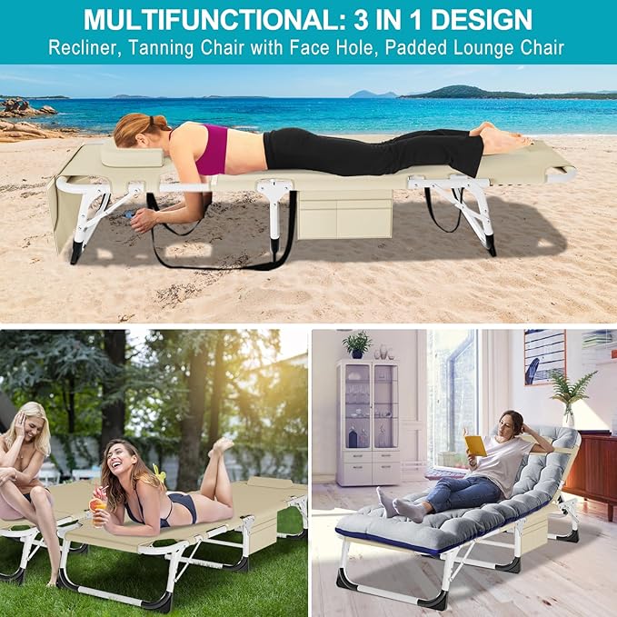 ABORON Folding Camping Cot W/Mat &amp Face Arm Hole for Adults Adjustable Heavy Duty Outdoor Bed1200 D Layer Oxford Travel Camp Cots for Beach Pool LawnYard Patio