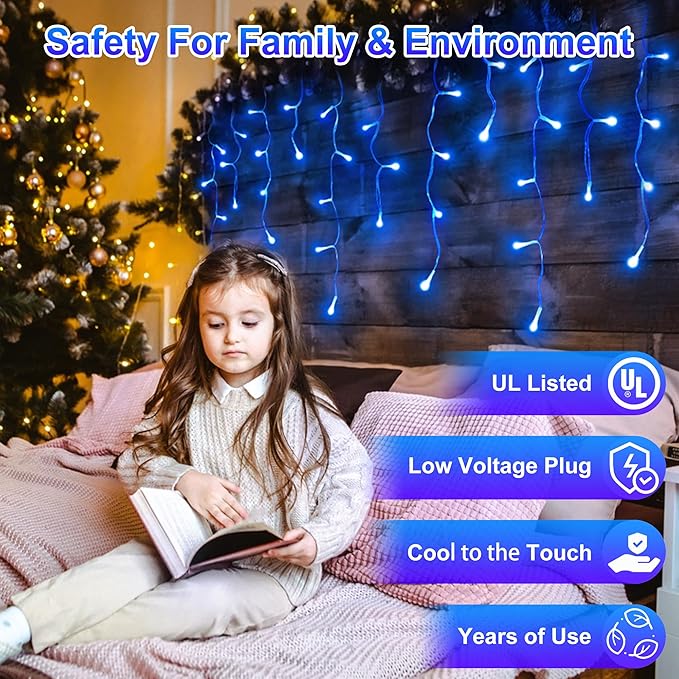 504LED 50ft Christmas Lights 112Drops 12 Modes Blue Christmas String Lights Outdoor Dimmable Waterproof Christmas Decoration Fairy Lights with Timer for Eaves Indoor Party Patio Window Fence Blue