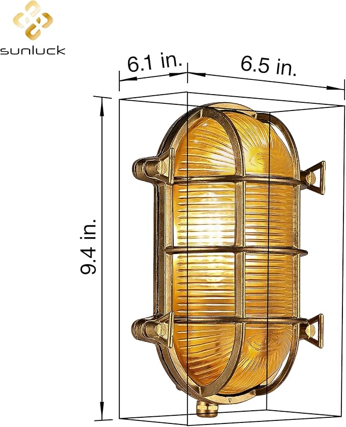 Sunluck Brass Bulkhead LightGrid Oval Nautical Wall LightLampshadeCeiling Mount LightingSauna Light Waterproof IP65Rust Resistantfor Wet Location BathSeasideShipBasementGarage