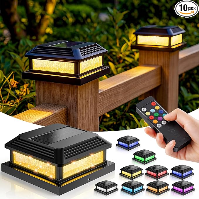 Solar Post Cap Lights Outdoor with Remote 10pack - Control 8 RGB Color Changing &amp Multicolor Flow Modes Easily IP65 Waterproof - Fits 4x4/5x5 Wood/Vinyl Fence Deck Posts Patio Garden Black