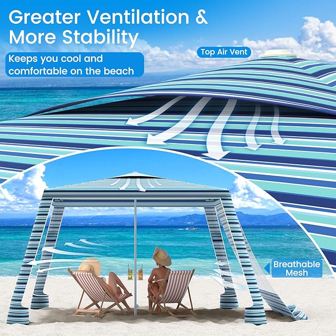 MoKo Beach Cabana 8'×8' Large Beach Canopy with Side Wall UPF 50+ Protection Easy Setup Beach Tent Sun Shelter Adjustable Height Wind Resistant Cabana Beach Tent for Whole Family Blue-Green Stripe