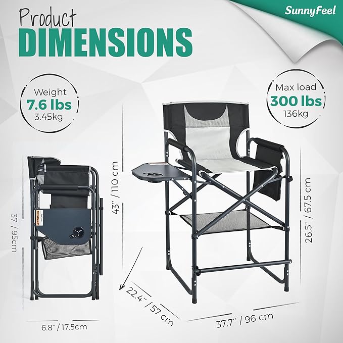 SUNNYFEEL Tall Camping Directors Chair Portable Folding Artist Makeup Chair with Side Table Pocket Footrest Heavy Duty for BeachTripPicnicConcert Outdoor Foldable Camp Lawn Chairs