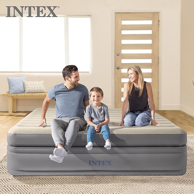 Intex Dura Beam Plus Prime Comfort Fiber-Tech Elevated Technology Home Air Mattress Bed with Electric Built-In Pump Queen