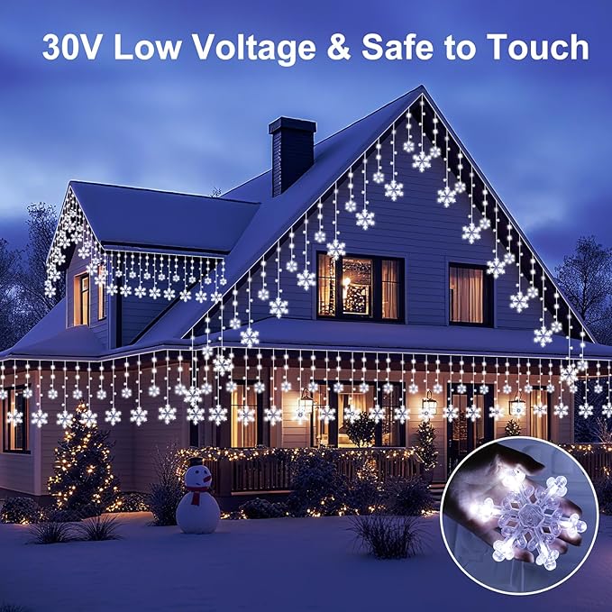 Christmas Snowflake Curtain String Lights 10.2FT 156LED Icicle Lights for Outside with 12 Drops 8 Modes Waterproof Connectable Fairy Window Light for Eaves Garden Yard Indoor Outdoor Xmas Decor