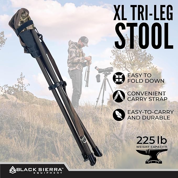 Black Sierra Folding Hunting Stool w/Shoulder Strap Supports 225 lbs Lightweight Collapsible Tripod Seat Foldable Steel Frame Chair Perfect for the Hunting Blind Fishing Hiking Travel