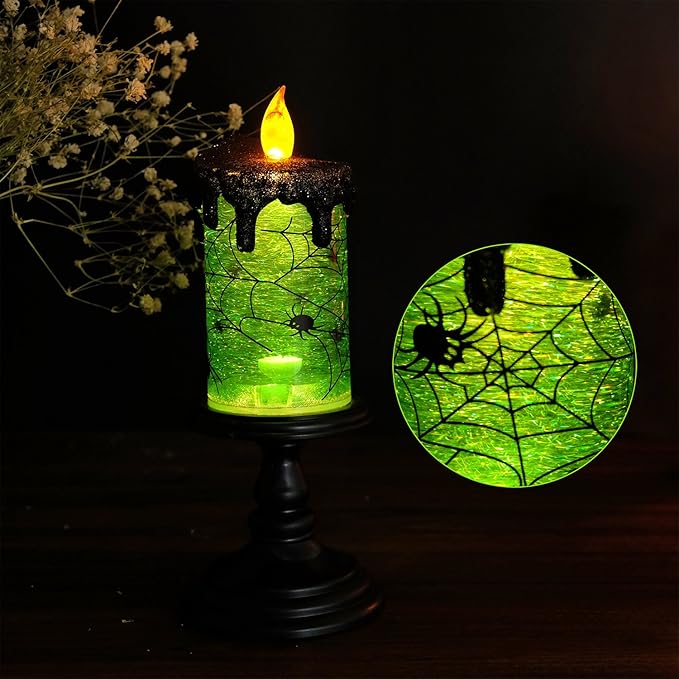 Eldnacele Halloween Snow Globe Candles Lighted Lamp Battery Operated Spooky Spinning Water Glittering Tornado Candle Flameless Candles Table Centerpiece for Halloween Decoration Indoor(Spider)