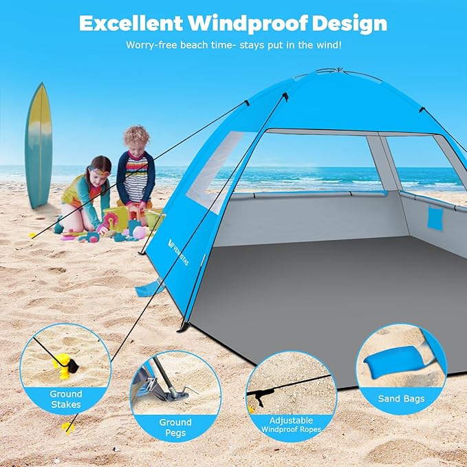 Venustas Beach Tent Sun Shelter for 3/4-5/6-7/8-10 Person UPF 50+ UV Protection Beach Canopy Lightweight and Easy Setup Cabana Portable Shade Tent